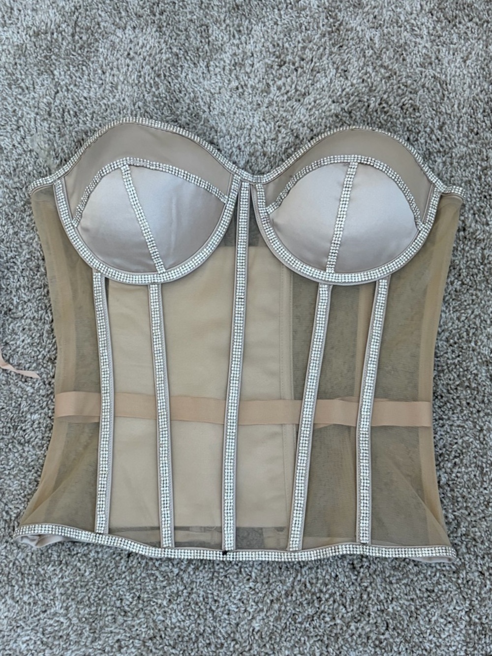 Nude Rhinestone-Trim Strapless Mesh Bustier